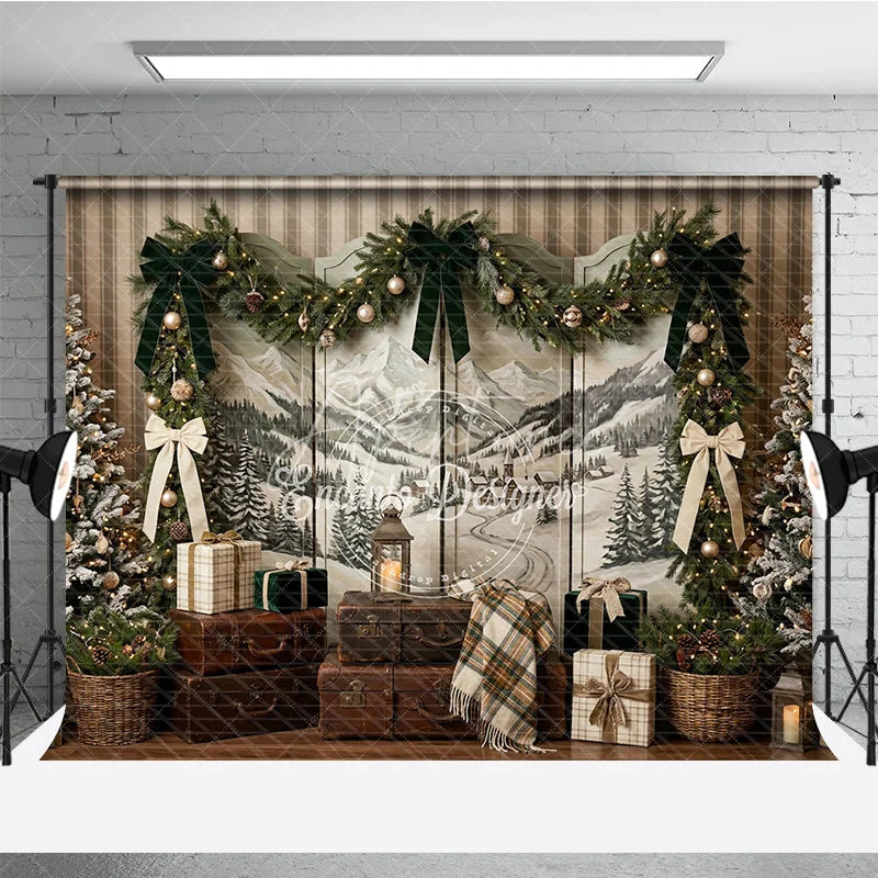 Aperturee - Aperturee Rustic Winter Holiday Backdrop with Snowy Mountain Landscape Flocked Christmas Trees and Elegant Garland Decor