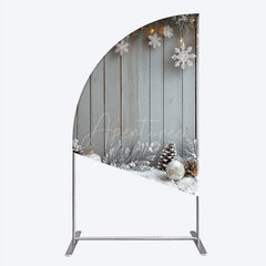 Aperturee - Aperturee Rustic Winter Holiday Half Moon Arch Backdrop Snowy Wood Background with Flocked Pinecones Farmhouse Christmas Decor