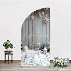 Aperturee - Aperturee Rustic Winter Holiday Half Moon Arch Backdrop Snowy Wood Background with Flocked Pinecones Farmhouse Christmas Decor