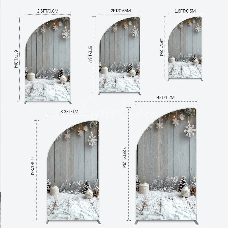 Aperturee - Aperturee Rustic Winter Holiday Half Moon Arch Backdrop Snowy Wood Background with Flocked Pinecones Farmhouse Christmas Decor