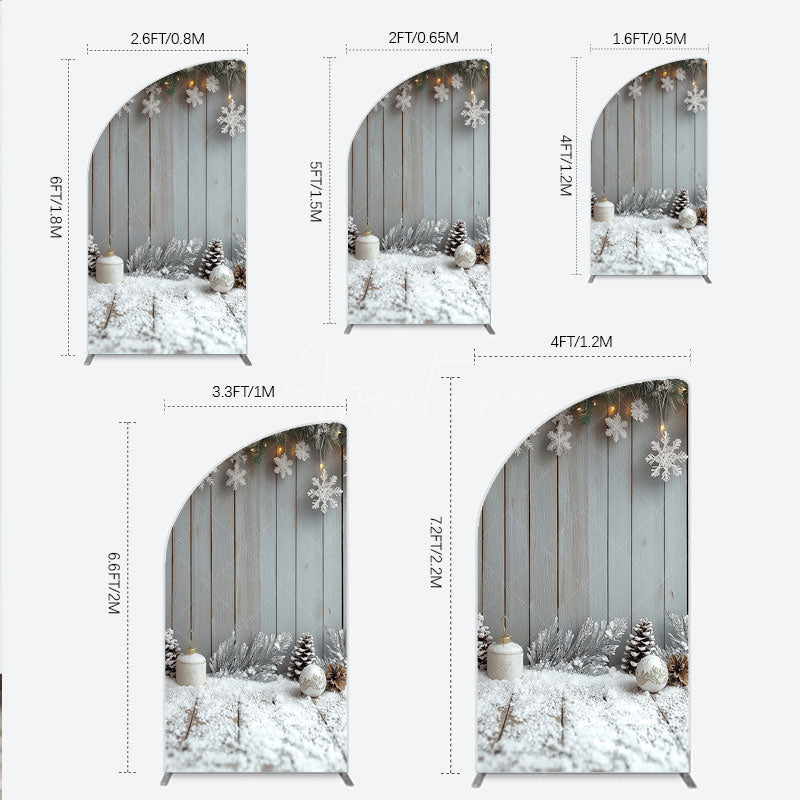 Aperturee - Aperturee Rustic Winter Holiday Half Moon Arch Backdrop Snowy Wood Background with Flocked Pinecones Farmhouse Christmas Decor
