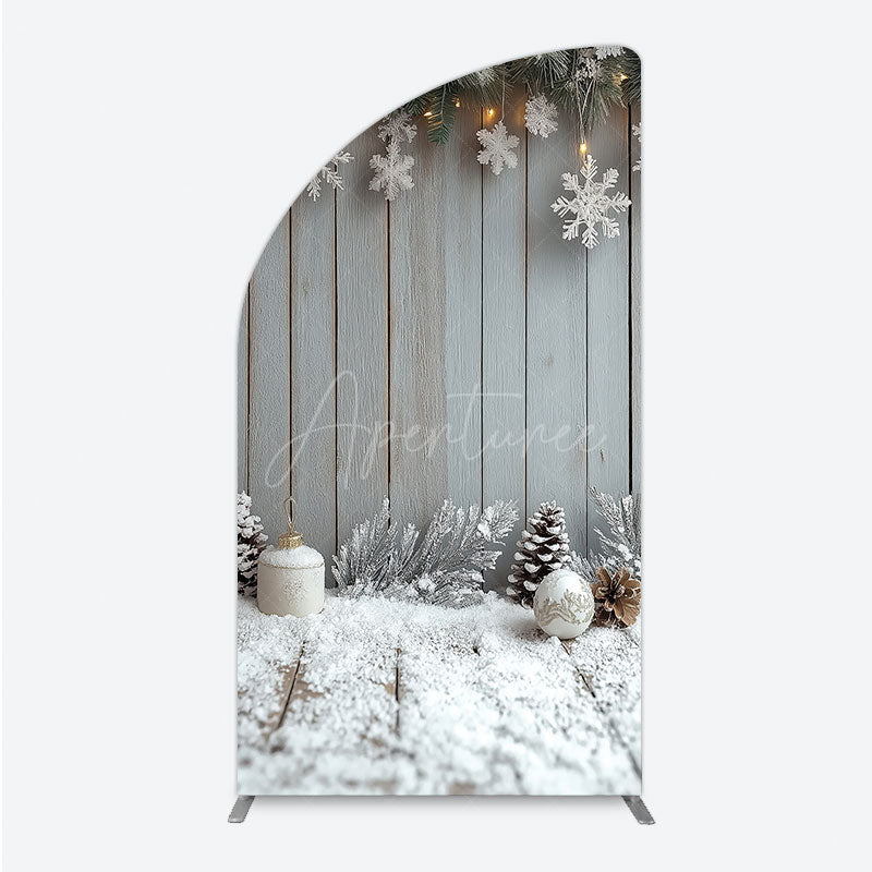 Aperturee - Aperturee Rustic Winter Holiday Half Moon Arch Backdrop Snowy Wood Background with Flocked Pinecones Farmhouse Christmas Decor