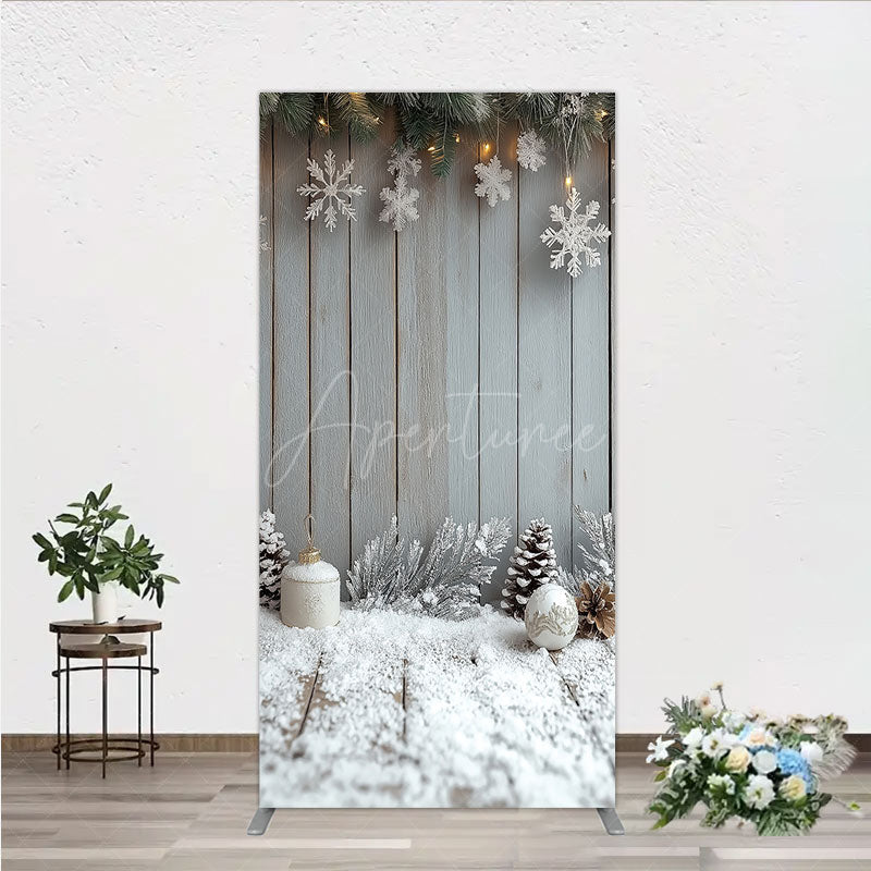 Aperturee - Aperturee Rustic Winter Holiday Rectangle Backdrop Snowy Wood Background with Flocked Pinecones Farmhouse Christmas Decor