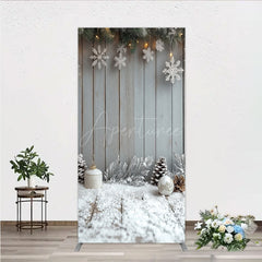 Aperturee - Aperturee Rustic Winter Holiday Rectangle Backdrop Snowy Wood Background with Flocked Pinecones Farmhouse Christmas Decor