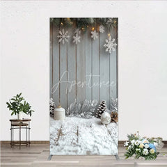 Aperturee - Aperturee Rustic Winter Holiday Rectangle Backdrop Snowy Wood Background with Flocked Pinecones Farmhouse Christmas Decor