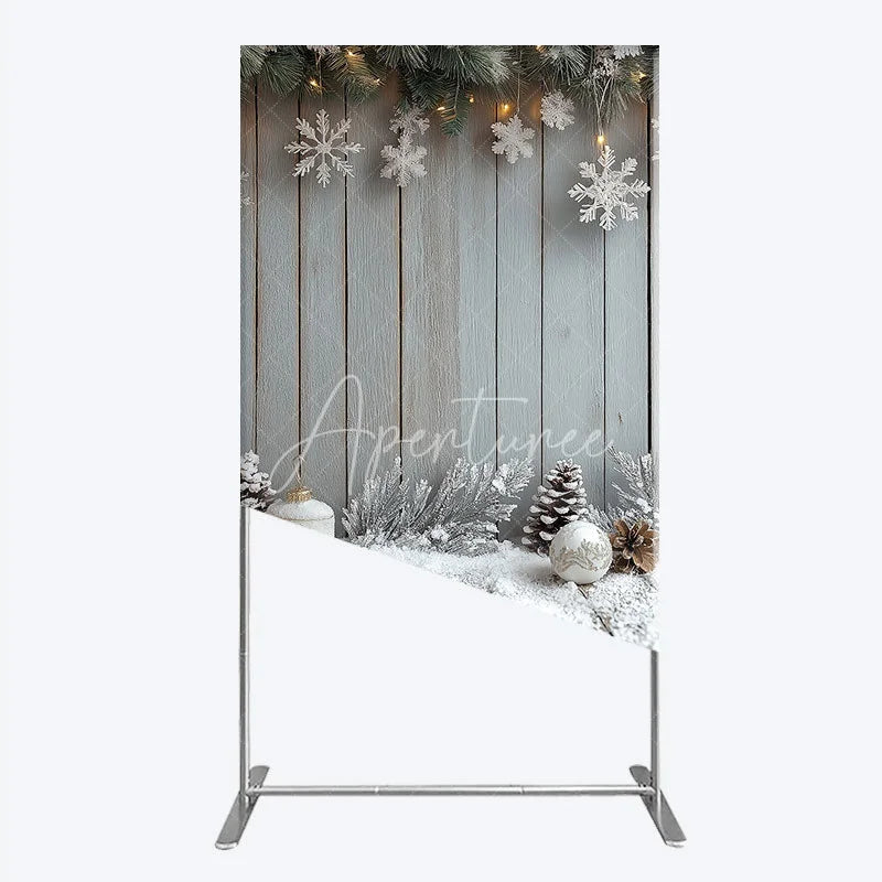 Aperturee - Aperturee Rustic Winter Holiday Rectangle Backdrop Snowy Wood Background with Flocked Pinecones Farmhouse Christmas Decor