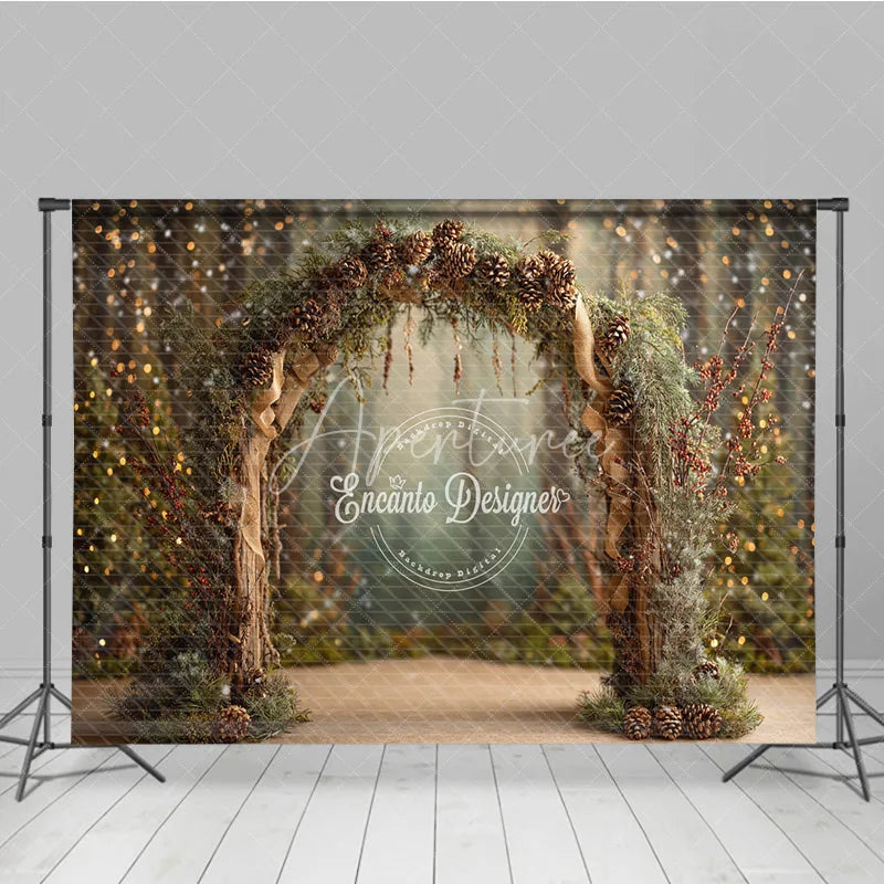 Aperturee - Aperturee Rustic Winter Wedding Arch Backdrop Pinecone and Berries Decor Enchanted Forest Holiday Photography Props