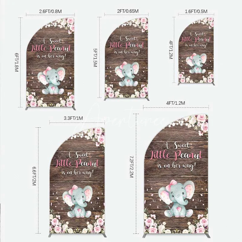 Aperturee - Aperturee Rustic Wood and Floral Little Peanut Half Moon Arch Backdrop Pink Rose Elephant Baby Shower Decoration