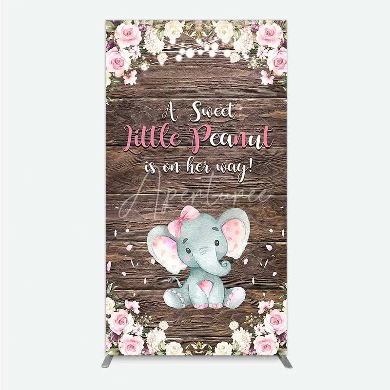 Aperturee - Aperturee Rustic Wood and Floral Little Peanut Rectangle Backdrop Pink Rose Elephant Baby Shower Decoration