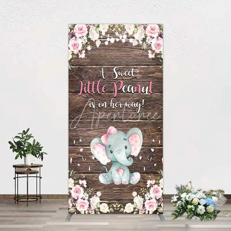 Aperturee - Aperturee Rustic Wood and Floral Little Peanut Rectangle Backdrop Pink Rose Elephant Baby Shower Decoration