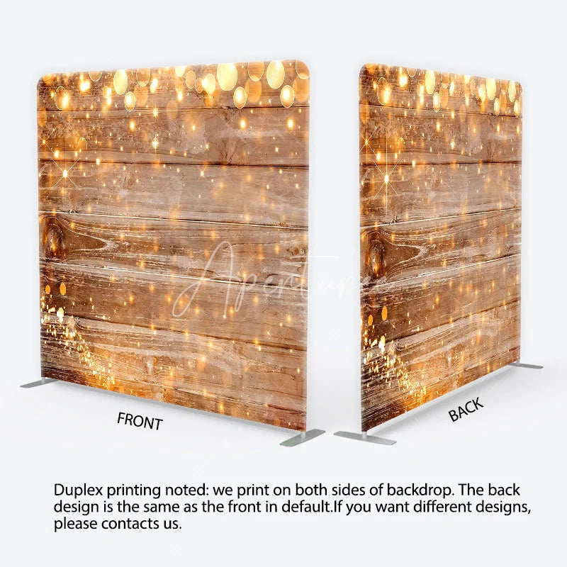 Aperturee - Aperturee Rustic Wood and String Lights Tension Fabric Backdrop Brown Wooden Planks with Warm Sparkles Background Event Decor
