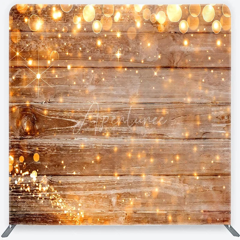 Aperturee - Aperturee Rustic Wood and String Lights Tension Fabric Backdrop Brown Wooden Planks with Warm Sparkles Background Event Decor