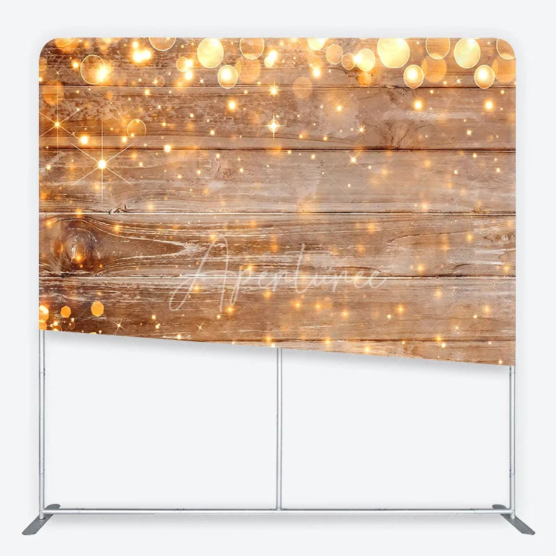 Aperturee - Aperturee Rustic Wood and String Lights Tension Fabric Backdrop Brown Wooden Planks with Warm Sparkles Background Event Decor