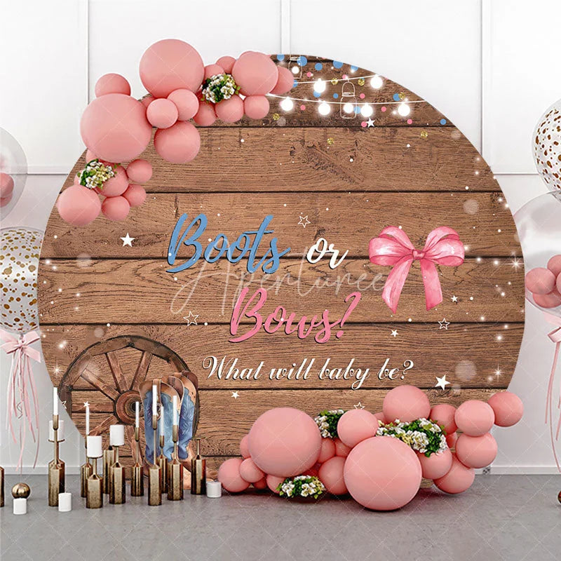 Aperturee - Aperturee Rustic Wood Boots or Bows Gender Reveal Round Backdrop Country Baby Shower Party Decor