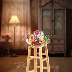 Aperturee - Aperturee Rustic Wood Cabin Interior Photography Backdrop Vintage Cabinet and Lamp Studio Background