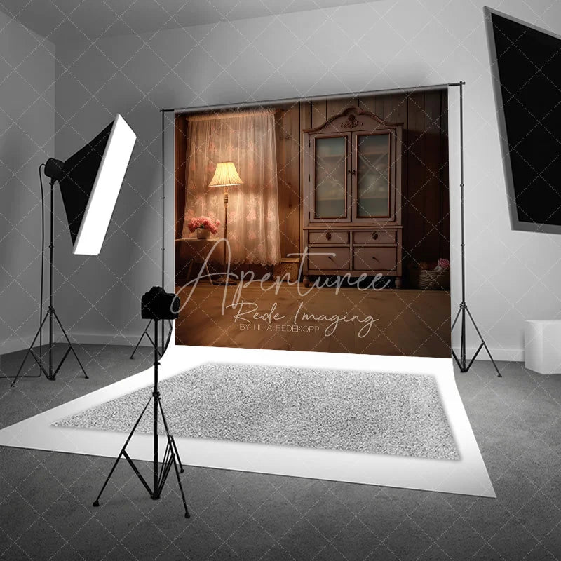 Aperturee - Aperturee Rustic Wood Cabin Interior Photography Backdrop Vintage Cabinet and Lamp Studio Background