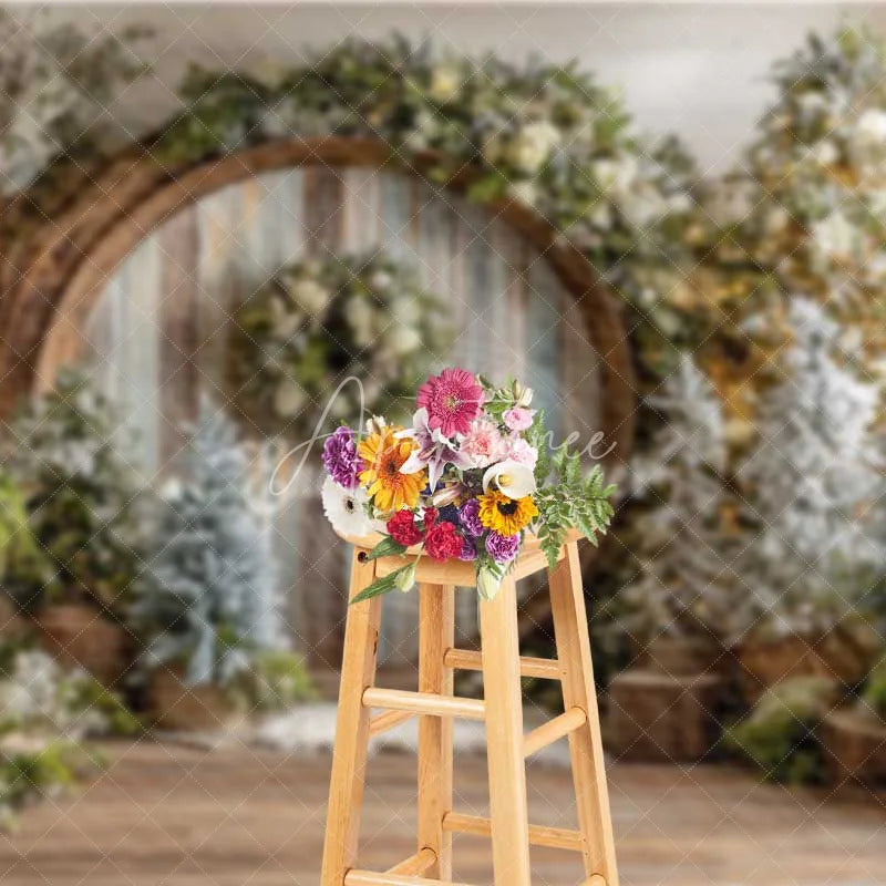 Aperturee - Aperturee Rustic Wood Circle Christmas Backdrop Winter Forest Snowy Tree Photography Background