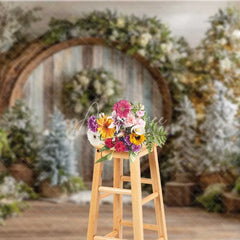 Aperturee - Aperturee Rustic Wood Circle Christmas Backdrop Winter Forest Snowy Tree Photography Background