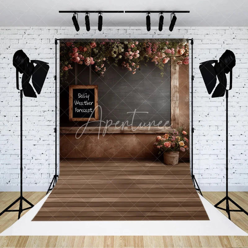Aperturee - Aperturee Rustic Wood Floral Photography Backdrop Vintage Chalkboard Rose Flower Background Garden Room Photo Prop