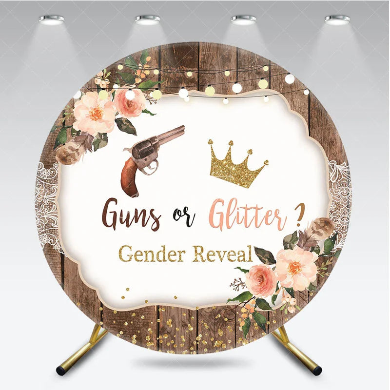 Aperturee - Aperturee Rustic Wood Gender Reveal Round Backdrop Cowboy or Princess Theme Floral Gold Glitter