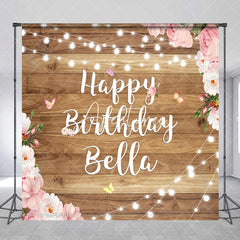Aperturee - Aperturee Rustic Wood Happy Birthday Custom Backdrop with Pink Floral and String Lights Personalized Party Decor