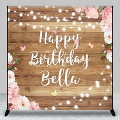 Aperturee - Aperturee Rustic Wood Happy Birthday Custom Backdrop with Pink Floral and String Lights Personalized Party Decor