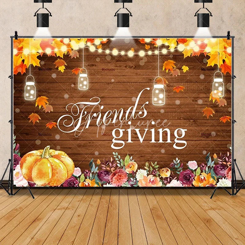 Aperturee - Aperturee Rustic Wood Harvest Scene Thanksgiving Day Backdrop Pumpkins and Maple Leaves Cozy Autumn Decoration