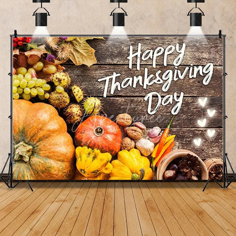 Aperturee - Aperturee Rustic Wood Harvest Scene Thanksgiving Day Backdrop Pumpkins and Maple Leaves Cozy Autumn Decoration