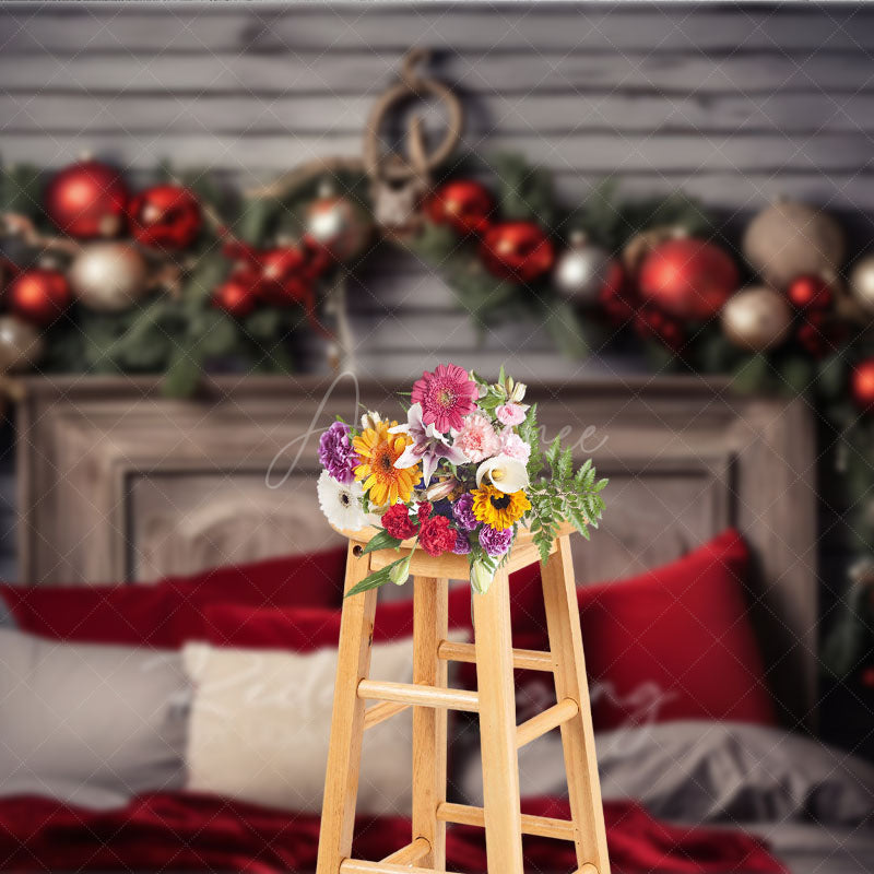 Aperturee Aperturee Rustic Wood Headboard Photography Backdrop Christmas Garland with Red Ornaments Farmhouse Bedroom Photo Prop