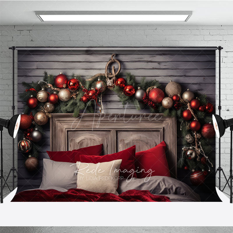 Aperturee Aperturee Rustic Wood Headboard Photography Backdrop Christmas Garland with Red Ornaments Farmhouse Bedroom Photo Prop