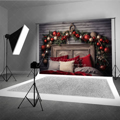 Aperturee Aperturee Rustic Wood Headboard Photography Backdrop Christmas Garland with Red Ornaments Farmhouse Bedroom Photo Prop