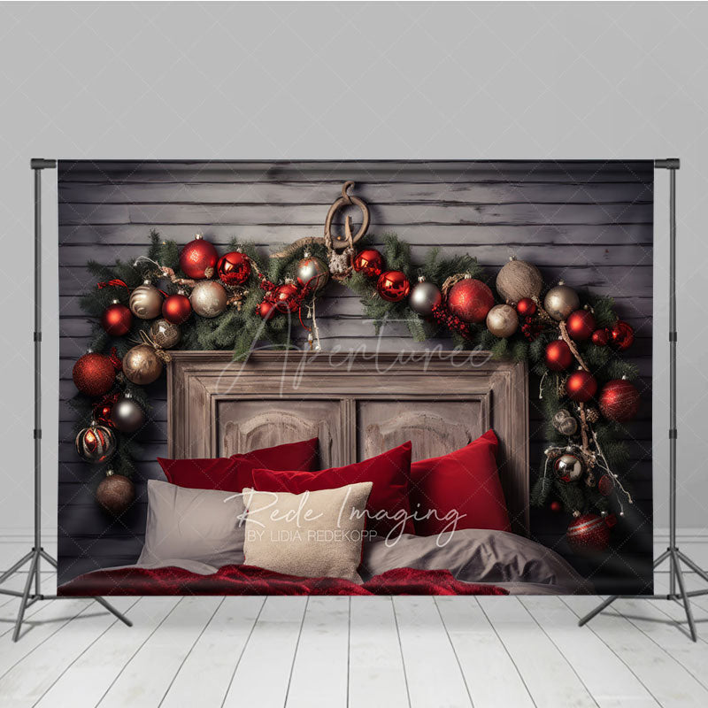Aperturee Aperturee Rustic Wood Headboard Photography Backdrop Christmas Garland with Red Ornaments Farmhouse Bedroom Photo Prop