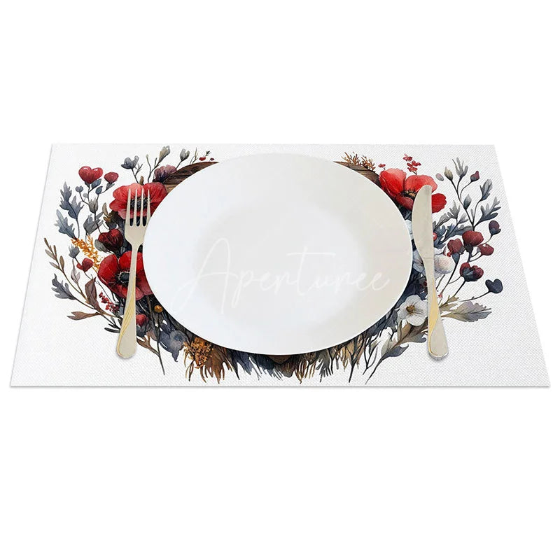 Aperturee - Aperturee Rustic Wood Heart Floral Set of 4 Placemats Red Flower Valentine Decoration Farmhouse Love Table Mat