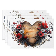 Aperturee - Aperturee Rustic Wood Heart Floral Set of 4 Placemats Red Flower Valentine Decoration Farmhouse Love Table Mat