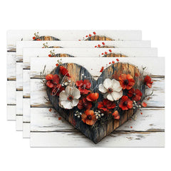 Aperturee - Aperturee Rustic Wood Heart Floral Set of 4 Placemats Red White Flower Valentine Decoration Farmhouse Love Table Mat