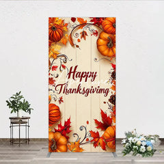 Aperturee - Aperturee Rustic Wood Panel Happy Thanksgiving Autumn Leaves and Pumpkins Rectangle Arch Backdrop Festive Fall Harvest Decor