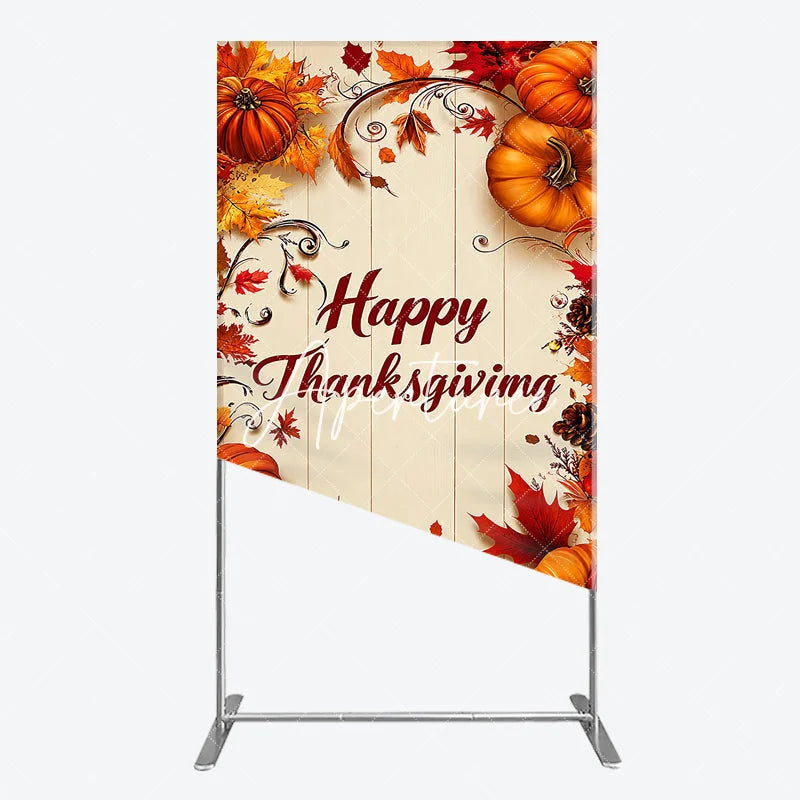 Aperturee - Aperturee Rustic Wood Panel Happy Thanksgiving Autumn Leaves and Pumpkins Rectangle Arch Backdrop Festive Fall Harvest Decor
