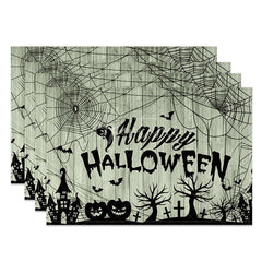 Aperturee - Aperturee Rustic Wood Texture with Cobweb Halloween Set of 4 Placemats for Spooky Farmhouse Party Decorations