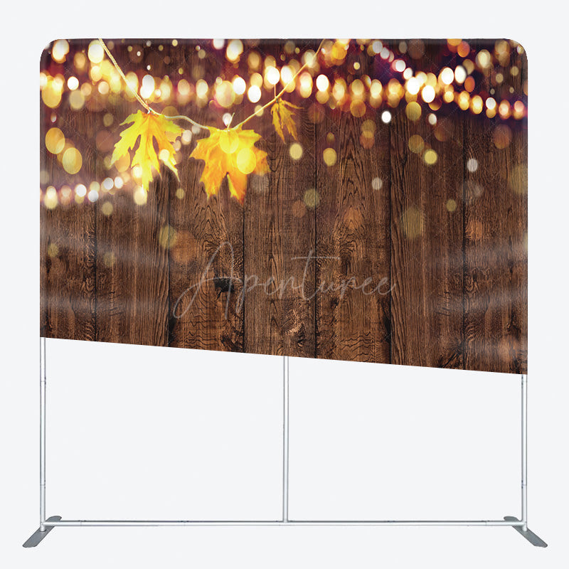 Aperturee - Aperturee Rustic Wood Wall Tension Fabric Backdrop with Autumn Leaves and Bokeh Lights Fall Wedding or Thanksgiving Party