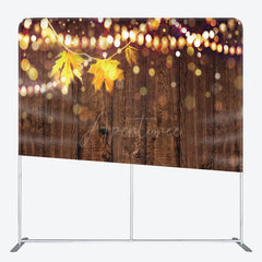 Aperturee - Aperturee Rustic Wood Wall Tension Fabric Backdrop with Autumn Leaves and Bokeh Lights Fall Wedding or Thanksgiving Party
