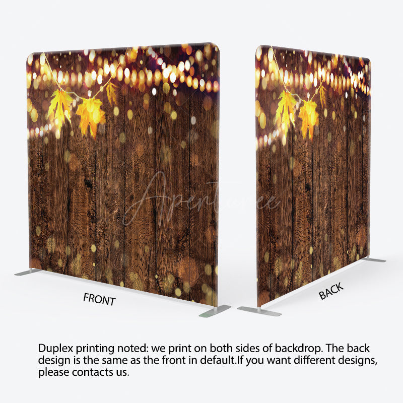 Aperturee - Aperturee Rustic Wood Wall Tension Fabric Backdrop with Autumn Leaves and Bokeh Lights Fall Wedding or Thanksgiving Party