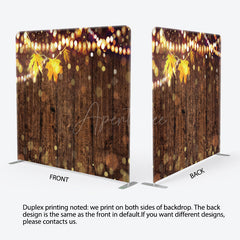 Aperturee - Aperturee Rustic Wood Wall Tension Fabric Backdrop with Autumn Leaves and Bokeh Lights Fall Wedding or Thanksgiving Party