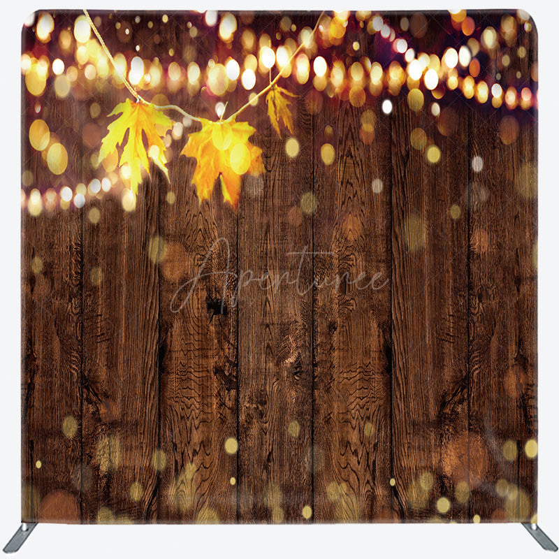 Aperturee - Aperturee Rustic Wood Wall Tension Fabric Backdrop with Autumn Leaves and Bokeh Lights Fall Wedding or Thanksgiving Party