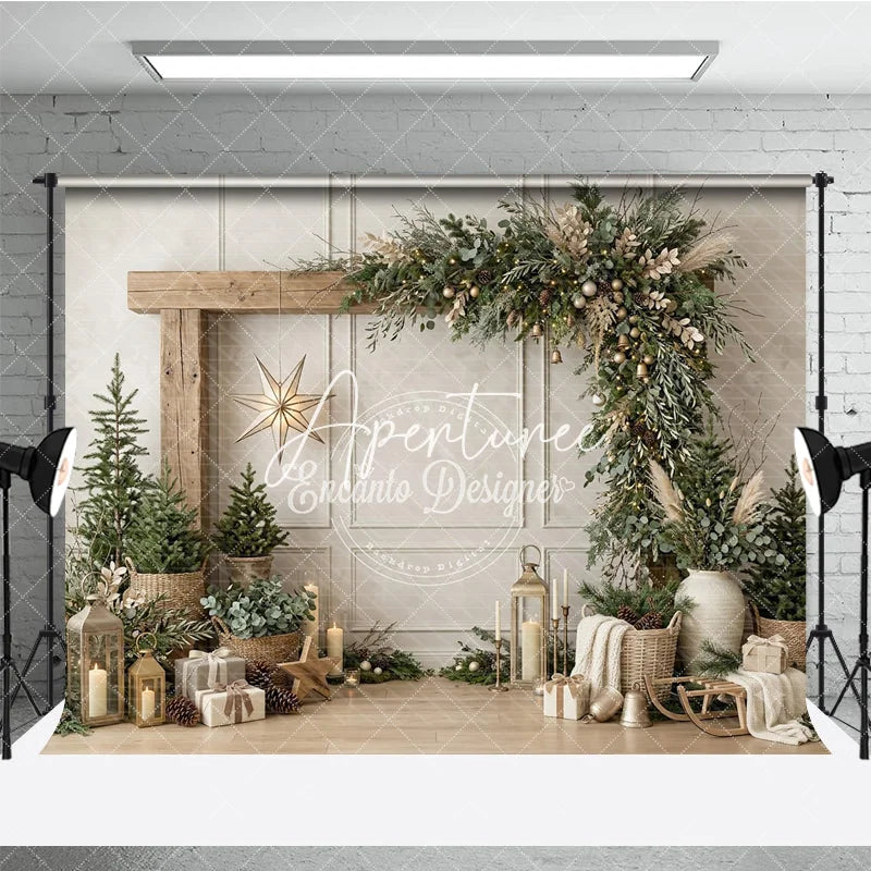 Aperturee - Aperturee Rustic Wooden Arch Christmas Garland Photography Backdrop Elegant Winter Holiday Decor with Pine Trees and Gifts