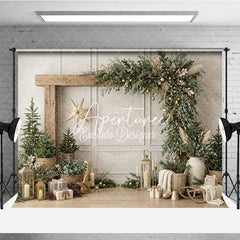 Aperturee - Aperturee Rustic Wooden Arch Christmas Garland Photography Backdrop Elegant Winter Holiday Decor with Pine Trees and Gifts