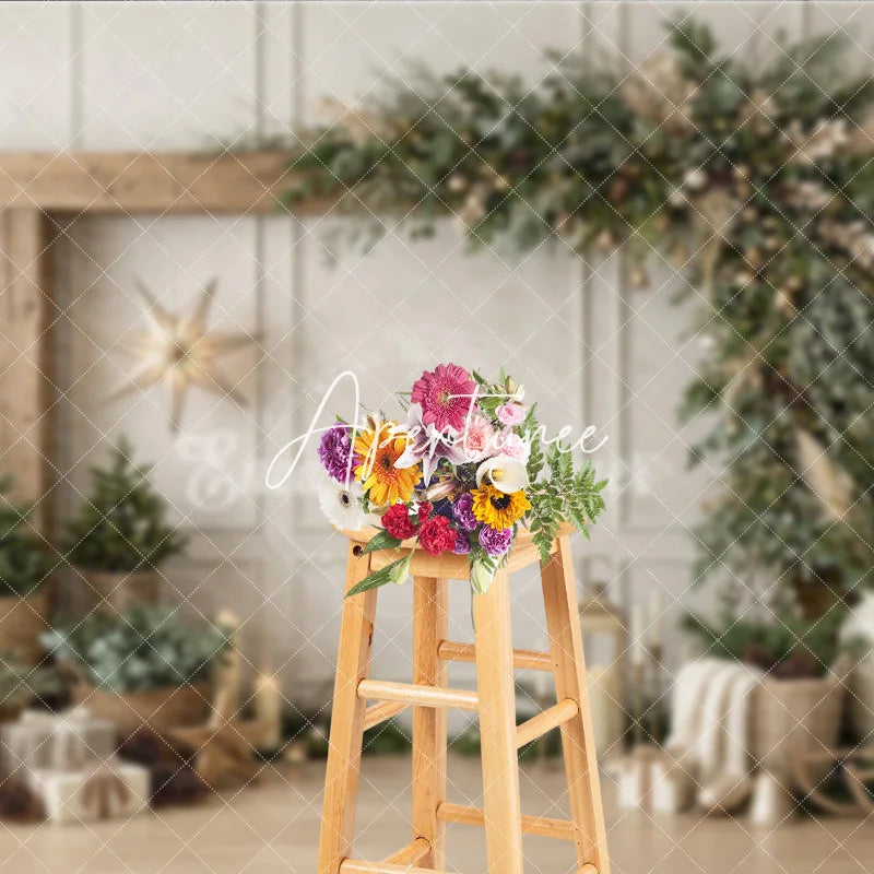 Aperturee - Aperturee Rustic Wooden Arch Christmas Garland Photography Backdrop Elegant Winter Holiday Decor with Pine Trees and Gifts