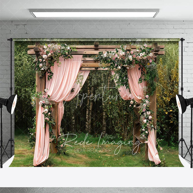Aperturee - Aperturee Rustic Wooden Arch Floral Combo Set Backdrop Pink Draping Forest Wedding Photography Background