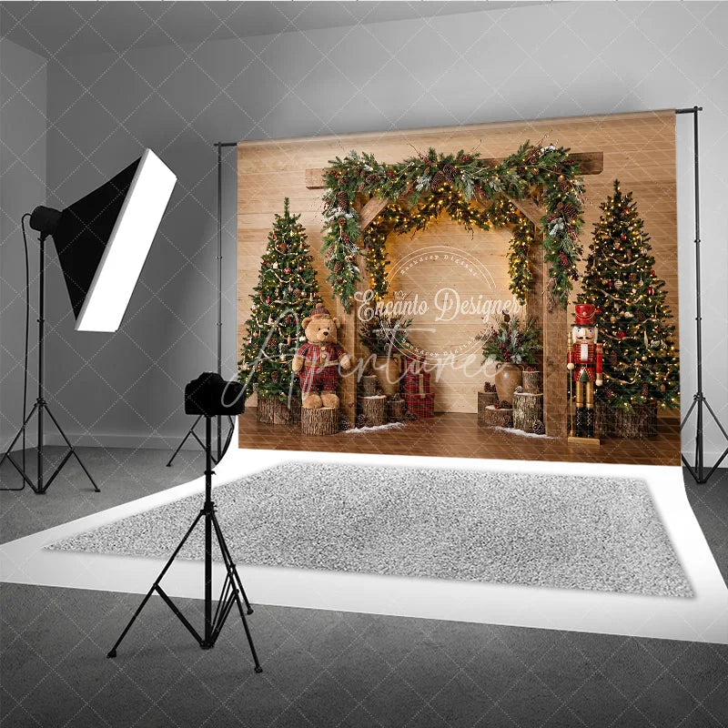 Aperturee - Aperturee Rustic Wooden Arch Holiday Backdrop with Decorated Christmas Trees Twinkling Lights Teddy Bear and Nutcracker Decor.
