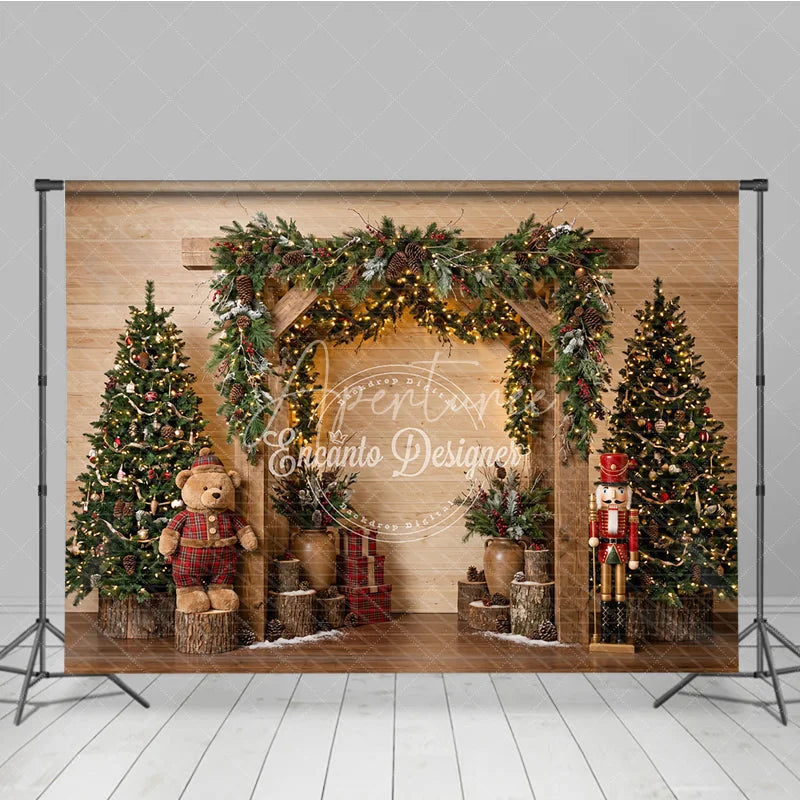 Aperturee - Aperturee Rustic Wooden Arch Holiday Backdrop with Decorated Christmas Trees Twinkling Lights Teddy Bear and Nutcracker Decor.