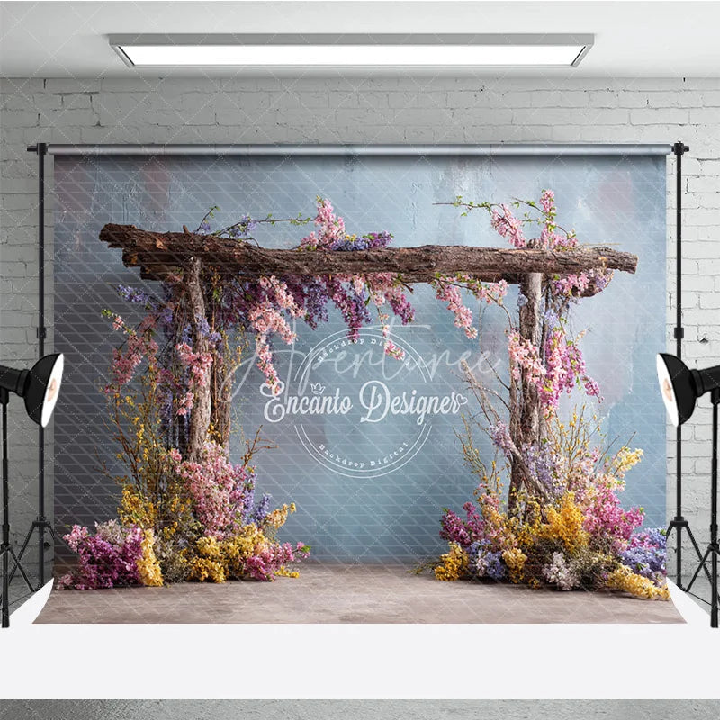 Aperturee - Aperturee Rustic Wooden Arch Photography Backdrop with Spring Flowers Fine Art Painterly Enchanted Garden Background